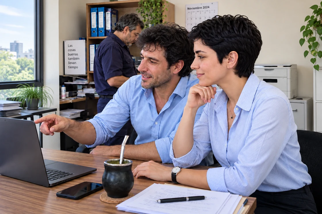 Dos profesionales trabajan juntos con una computadora y revisan información de gestión