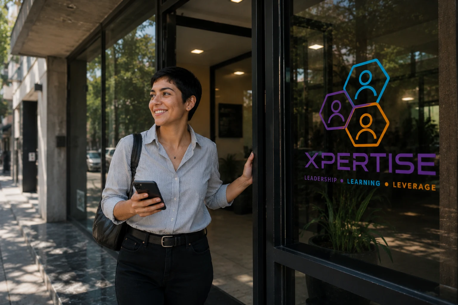 Profesional en la entrada de la oficina de Xpertise