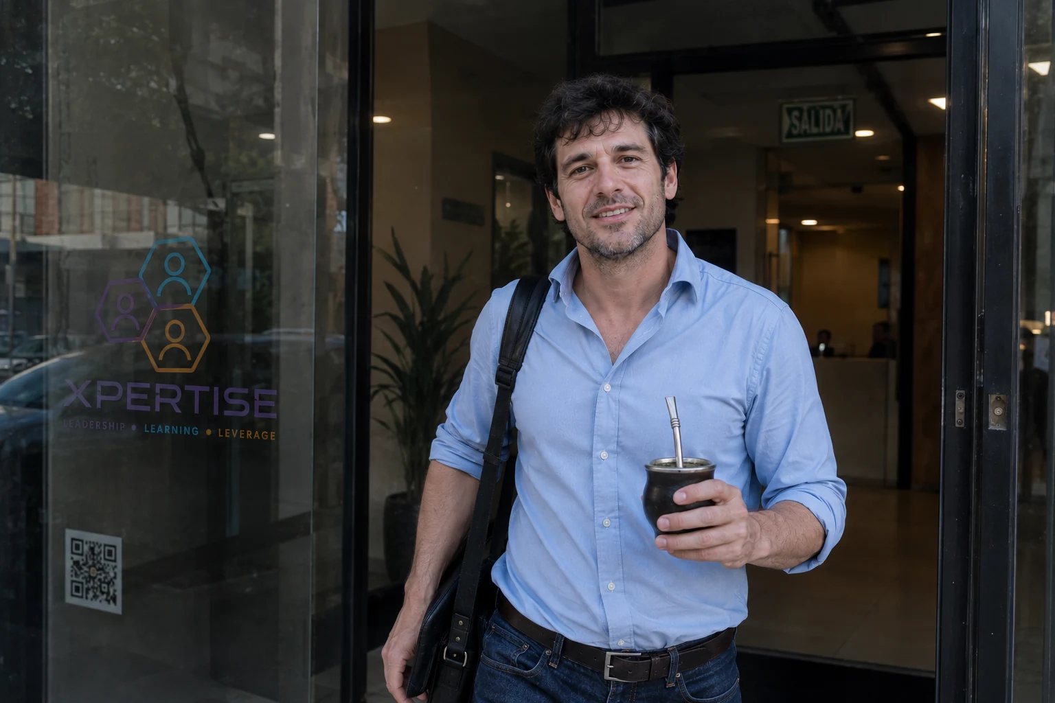 Tomás saliendo de la oficina de Xpertise con mate