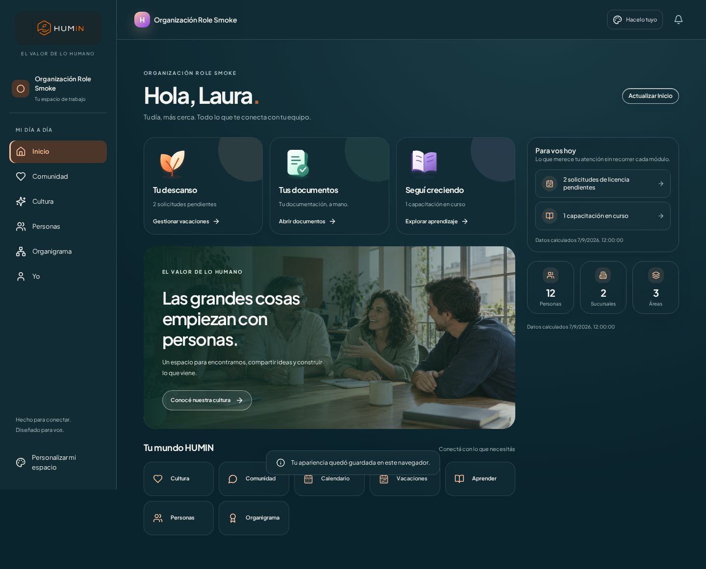 Inicio real de HUMIN en tema oscuro verde petróleo, con accesos a descanso, documentos y aprendizaje.